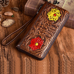 Womens Flower Coffee Leather Wristlet Wallets Zip Around Wallet Floral Ladies Zipper Clutch Wallet for Women