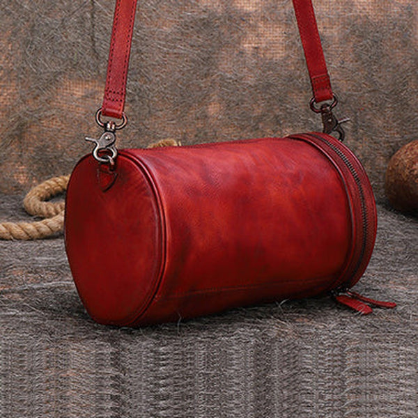 Womens Red Leather Barrel Shoulder Bag Purse Vintage Round Handbag Bucket Crossbody Purse for Women