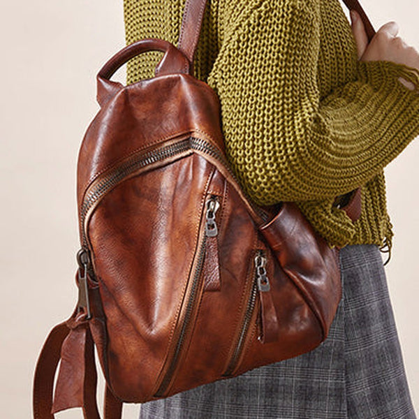 Vintage Brown Leather Rucksack Womens Best School Backpack Ladies Leather Backpack Purses
