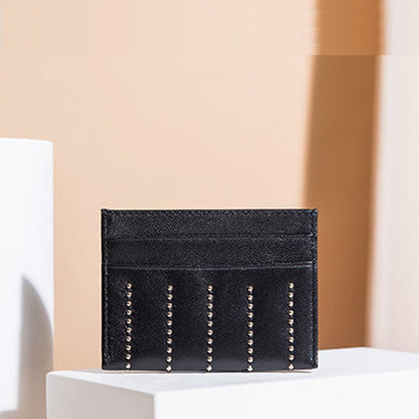 Cute Women Black Sheepskin Card Holder Slim Card Wallet Card Holder with Rivets Credit Card Holder For Women