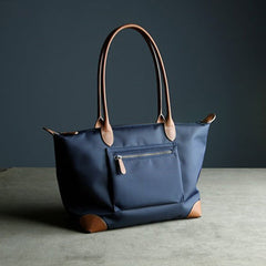 Womens Navy&Brown Nylon Shoulder Tote Medium Dark Blue Nylon&Brown Handbag Purse for Ladies