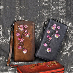 Womens Plum Blossom Flower Leather Zip Around Wallet Wristlet Wallet Flower Ladies Zipper Clutch Wallet for Women