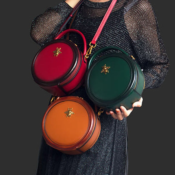 Womens Leather Small Round Handbag Crossbody Purse Round Shoulder Bag for Women
