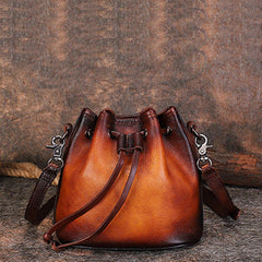 Womens Brown Leather Barrel Crossbody Bag Purse Vintage Round Bucket Shoulder Bag for Women