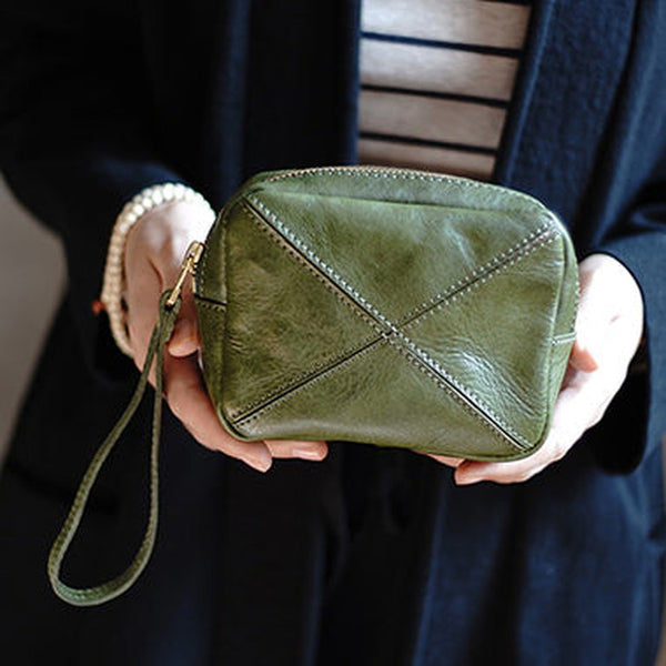 Vintage Green Leather Wristlet Wallet Zipper Clutch Wallet  Womens Tan Ladies Zip Around Wallets for Women