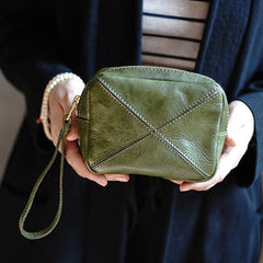 Vintage Green Leather Wristlet Wallet Zipper Clutch Wallet  Womens Tan Ladies Zip Around Wallets for Women