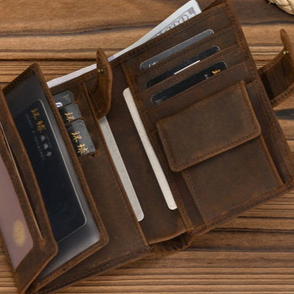 Vertical Leather Trifold Wallets for Men A Lot of Cards High Quality Trifold Leather Wallet With Buckle ID Window