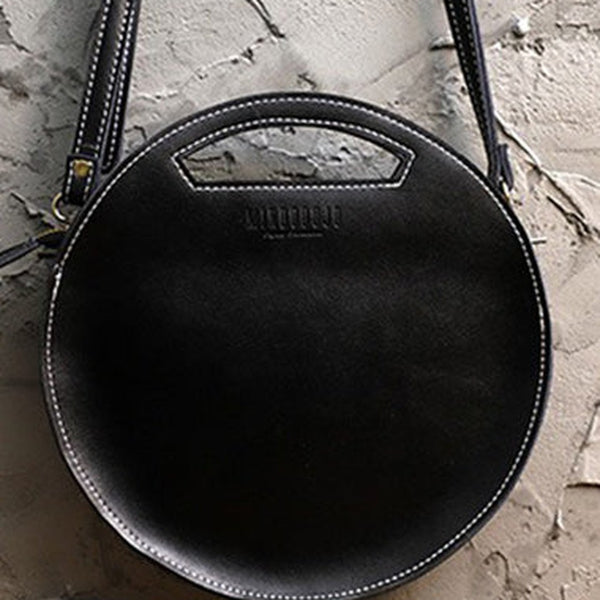 Cute Round LEATHER Handbag Black WOMEN Circle SHOULDER BAG Small Crossbody Purse FOR WOMEN