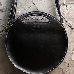 Cute Round LEATHER Handbag Black WOMEN Circle SHOULDER BAG Small Crossbody Purse FOR WOMEN