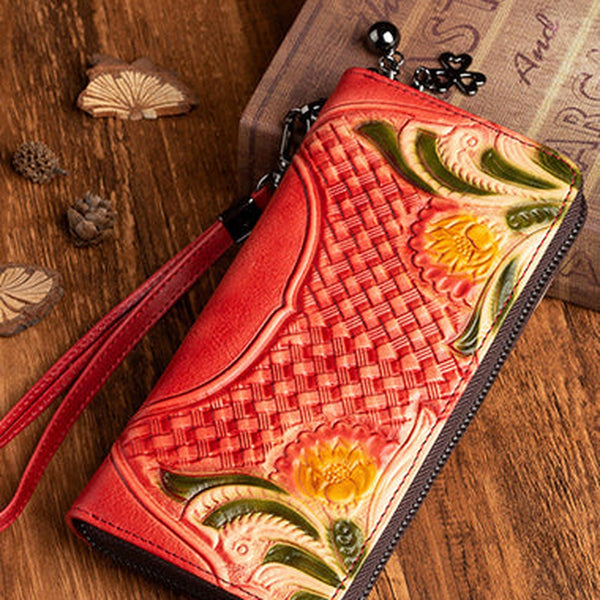 Handmade Red Leather Wristlet Wallet Womens Floral Zip Around Wallets Flowers Ladies Zipper Clutch Wallet for Women
