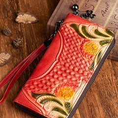 Handmade Red Leather Wristlet Wallet Womens Floral Zip Around Wallets Flowers Ladies Zipper Clutch Wallet for Women