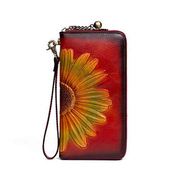 Womens Red Leather Zip Around Wallets Sunflower Wristlet Wallets Flower Ladies Zipper Clutch Wallet for Women