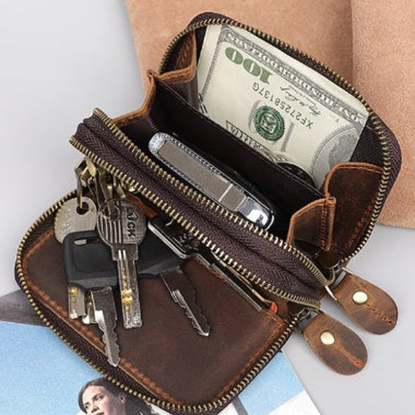 Leather Car Key Fob Wallet Leather Key Holder Wallet Mens Zipper Leather Key Wallet