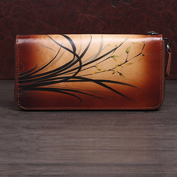 Womens Brown Leather Zip Around Wallet Wash Painting Flowers Wristlet Wallet Ladies Zipper Clutch Wallet for Women