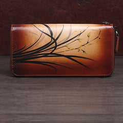 Womens Brown Leather Zip Around Wallet Wash Painting Flowers Wristlet Wallet Ladies Zipper Clutch Wallet for Women