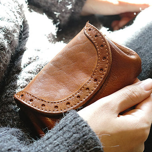 Vintage Women Brown Leather Billfold Wallet Lace Coin Wallet Change Wallet For Women