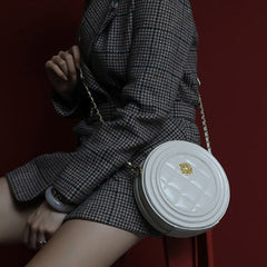 Cute Womens White Leather Round Crossbody Purse Round White Chain Shoulder Bag for Women