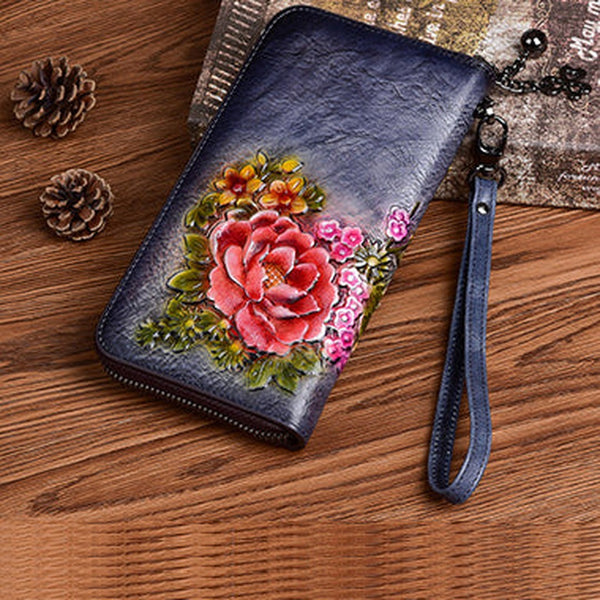 Vintage Flowers Gray Leather Wristlet Wallet Womens Zip Around Wallets Flowers Ladies Zipper Clutch Wallet for Women