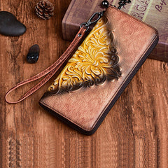 Womens Flowers Brown Leather Zip Around Wallet Wristlet Wallet Floral Ladies Zipper Clutch Wallet for Women