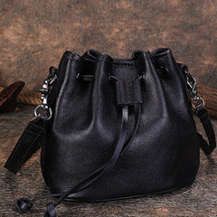 Vintage Black Leather Womens Bucket Shoulder Bags Bucket Crossbody Purse for Women