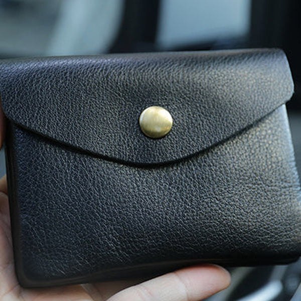 Mini Womens Black Leather Billfold Wallet Small Wallet with Coin Pocket Envelope Wallet for Ladies