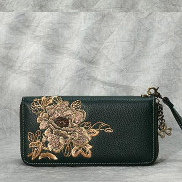 Peony Embroidery Green Leather Peony Wristlet Wallet Womens Zip Around Wallets Flowers Peony Ladies Zipper Clutch Wallet for Women