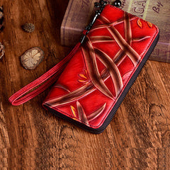 Handmade Bracketplant Red Leather Wristlet Wallet Womens Zip Around Wallets Flowers Ladies Zipper Clutch Wallet for Women
