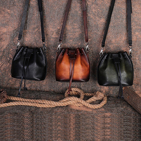 Womens Leather Barrel Crossbody Bag Purse Vintage Round Bucket Shoulder Bag for Women