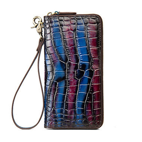 Crocodile Pattern Blue&Purple Leather Wristlet Wallet Womens Zip Around Wallets CONTRAST COLOR Ladies Zipper Clutch Wallets for Women