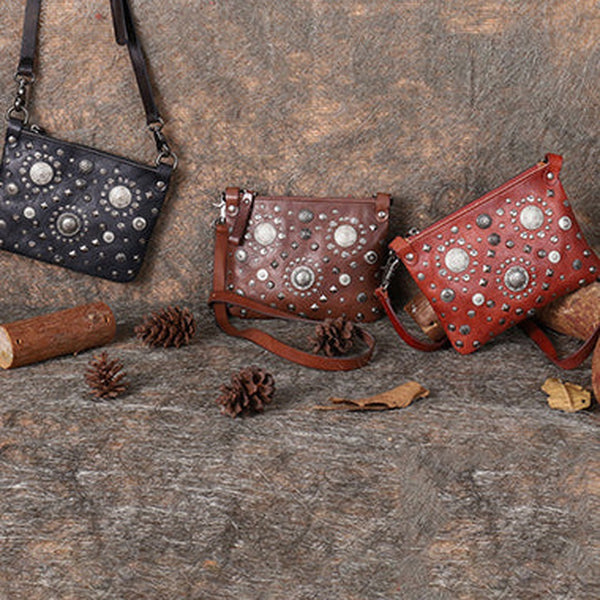 Leather Womens Rivets Shoulder Bags Saddle Vintage Slim Crossbody Purse for Women