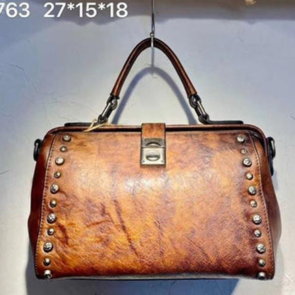 Vintage Womens Brown Leather Doctor Handbag Purses With Rivet Doctor Shoulder Bag for Women