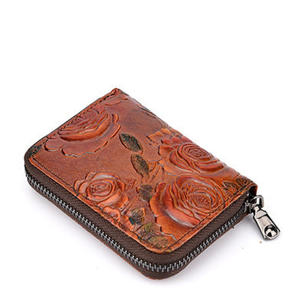 Womens Brown Leather Small Zip Around Wallet Rose Billfold Wristlet Wallet Floral Ladies Zipper Small Card Wallet for Women
