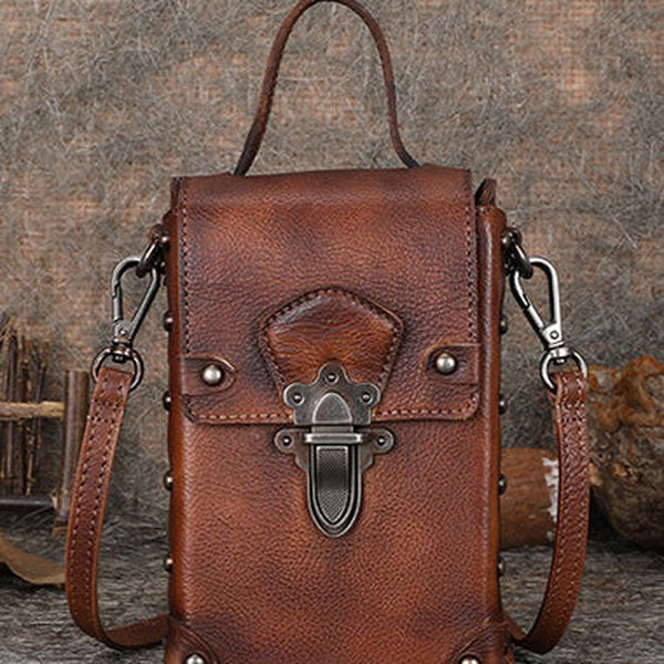 Brown Leather Womens Small Box Shoulder Bag Cube Small Handmade Handbag Purse for Ladies