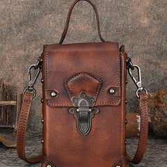 Brown Leather Womens Small Box Shoulder Bag Cube Small Handmade Handbag Purse for Ladies