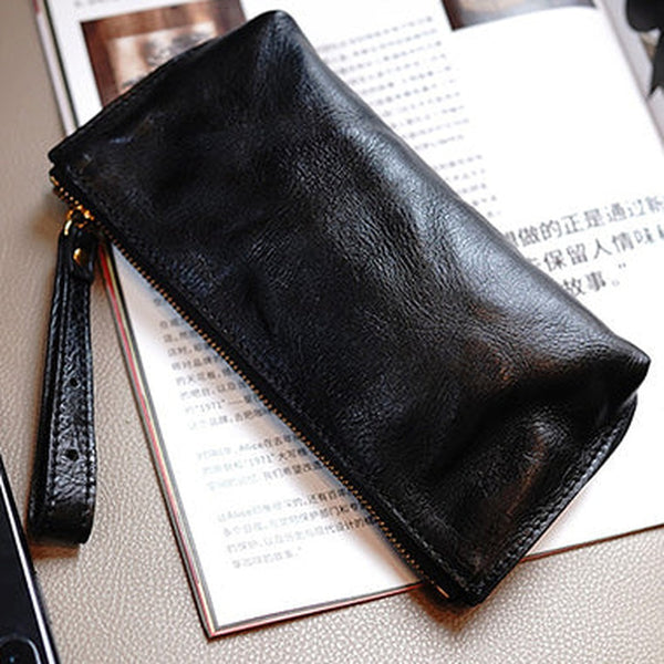 Vintage Black Leather Wristlet Wallet Womens Zip Around Wallets Black Ladies Zipper Clutch Wallet for Women