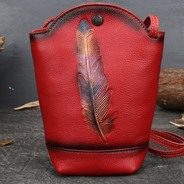Vintage Womens Red Leather Shoulder Bucket Bag leather phone Bucket bag for women Side bag crossbody bag