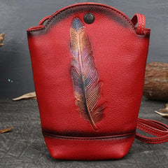Vintage Womens Red Leather Shoulder Bucket Bag leather phone Bucket bag for women Side bag crossbody bag
