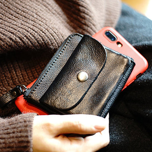 Cute Women Black Zip Leather Billfold Wallet Minimalist Zip Coin Wallet Change Wallet For Women