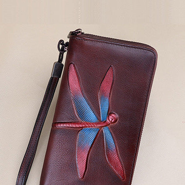 Dragonfly Coffee Leather Wristlet Wallets Womens Zip Around Wallet Ladies Zipper Clutch Wallets for Women