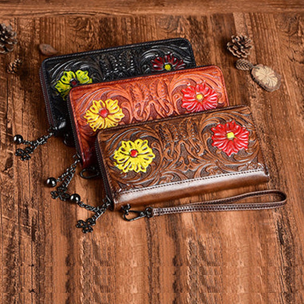 Womens Flower Leather Wristlet Wallets Zip Around Wallet Floral Ladies Zipper Clutch Wallet for Women
