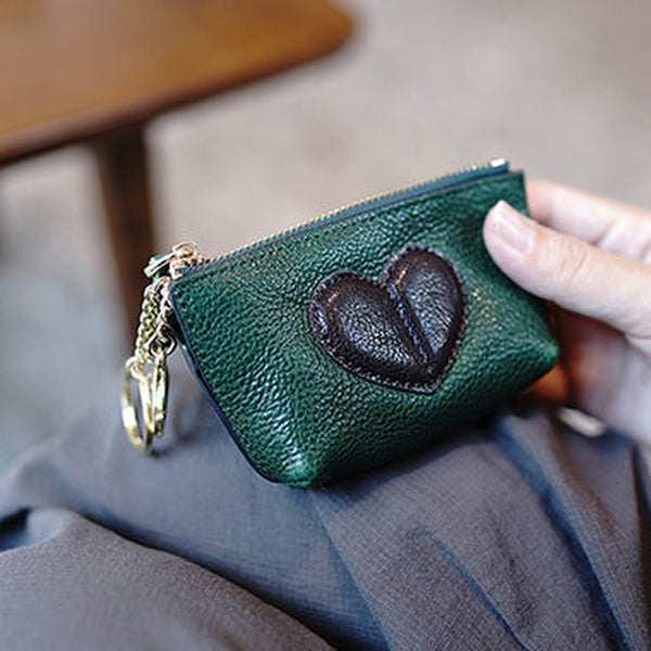 Cute Women Green Leather Zip Coin Wallet with Keychains Heart Keys Wallet Small Zip Change Wallet For Women