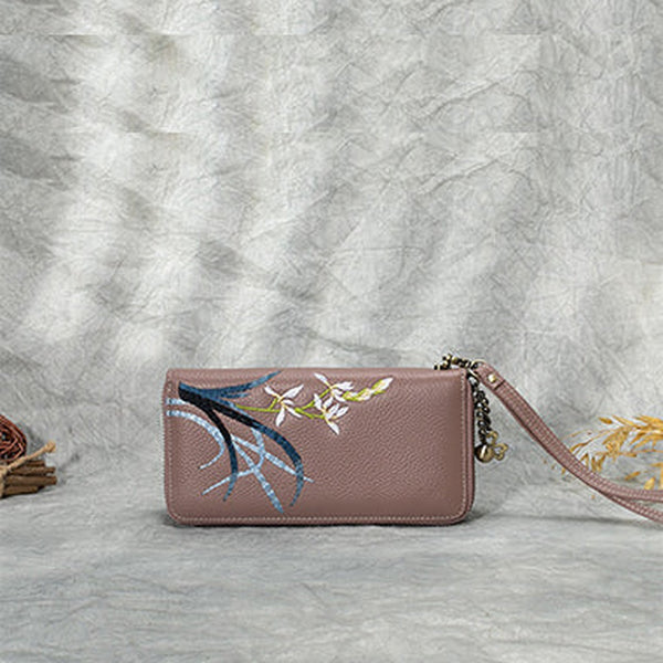 Handmade Embroidery Pink Leather Orchids Wristlet Wallet Womens Zip Around Wallets Flowers Orchids Ladies Zipper Clutch Wallet for Women