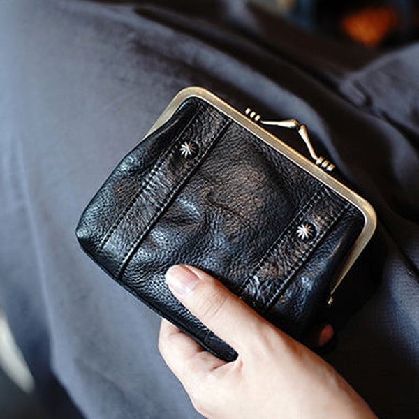 Vintage Women Black Leather Billfold Wallet Frame Clasp Coin Wallet Change Wallet For Women