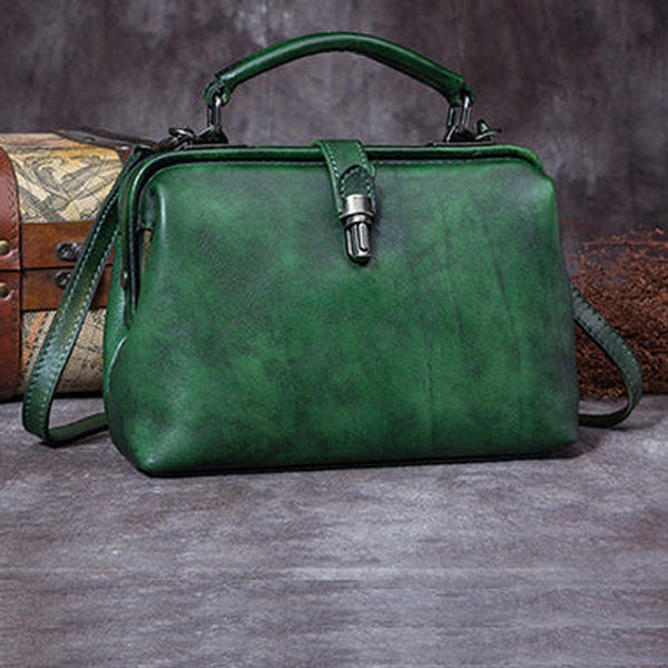 Handmade Green Leather Handbag Vintage Doctor Bag Shoulder Bag Purse For Women