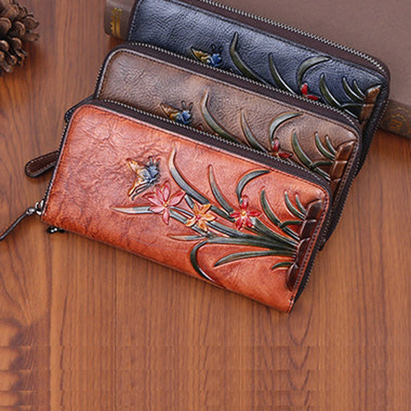 Womens Butterfly&Orchid Flower Leather Wristlet Wallets Zip Around Wallet Flower Ladies Zipper Clutch Wallet for Women