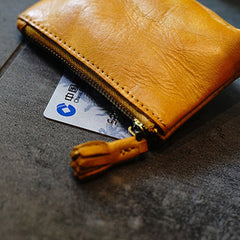 Vintage Women Mini Yellow Leather Zip Coin Pouch Small Coin Wallet Change Wallet For Women
