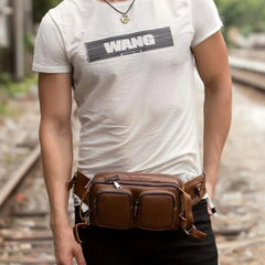 Cool Mens Brown Leather Fanny Pack Waist Bag Hip Pack Black Belt Bag Bumbag for Men