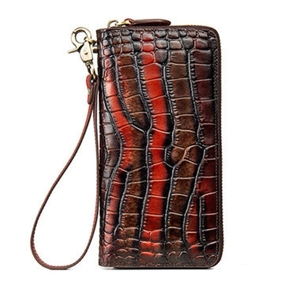 Crocodile Pattern Black&Red Leather Wristlet Wallet Womens Zip Around Wallets CONTRAST COLOR Ladies Zipper Clutch Wallets for Women