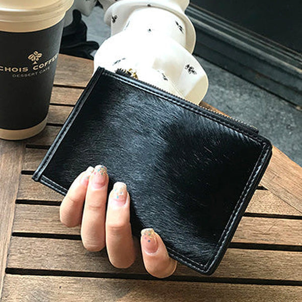 Cute Womens Horse Hair Black Leather Card Wallets Card Clutch Wallet Zip Card Holder Wallet for Women