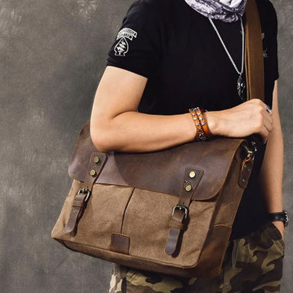 Canvas Leather Mens Womens Green Briefcase Side Bag Brown Messenger Bag Shoulder Bag For Men